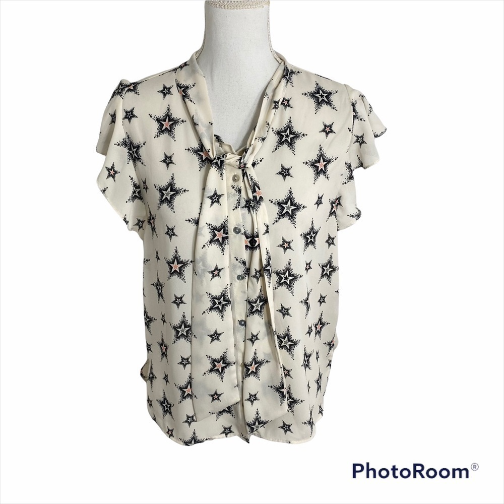 Zara Star Print Blouse Secretary Collar Sz Small Black White Pink